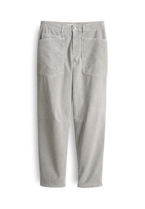 Lichtgrijze broek van een katoenmix, met een hoge taille, rechte pijpen en vier zakken. Gelaagd stof met zichtbare stikdetails.