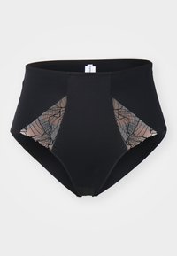 High-waisted black panties featuring sheer lace panels with floral patterns on the sides, made from soft, stretchy fabric.