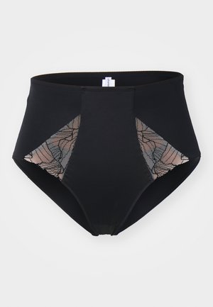 High-waisted black panties featuring sheer lace panels with floral patterns on the sides, made from soft, stretchy fabric.