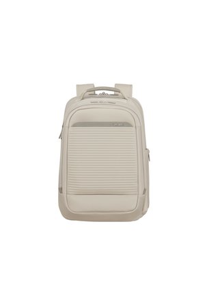 Beigefarbener Samsonite-Rucksack mit gepolstertem Griff, Frontreißverschlusstasche mit horizontalen Rillen und zwei verstellbaren Schultergurten.