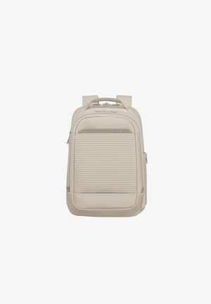 Beigefarbener Samsonite-Rucksack mit gepolstertem Griff, Frontreißverschlusstasche mit horizontalen Rillen und zwei verstellbaren Schultergurten.