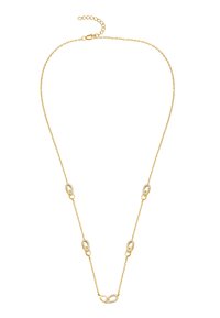 Gold chain necklace featuring interconnected loops, some adorned with small clear stones, and a lobster clasp with an adjustable chain.