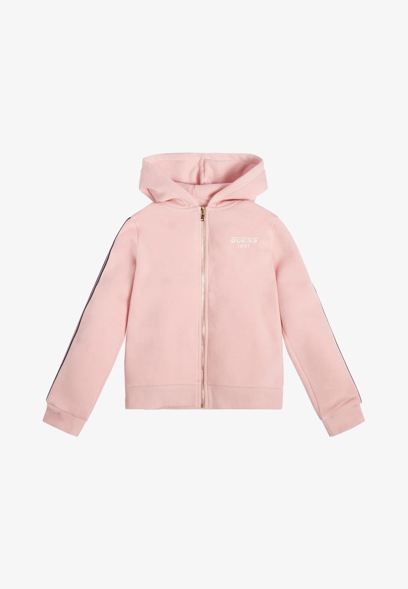 Rosa Kapuzenpullover mit durchgehendem Reißverschluss, gesticktem Logo auf der Brust und schwarzen Seitenstreifen. Hergestellt aus weichem Stoff mit gerippten Bündchen und Saum.