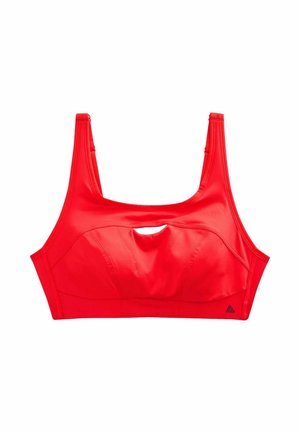 Red sports bra with a small front cutout and wide shoulder straps, designed for support and comfort during physical activity.