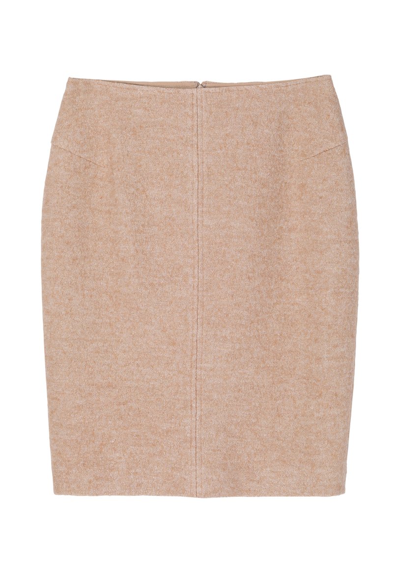 Falda lápiz beige hasta la rodilla con una sutil textura y una cremallera centrada en la parte posterior, diseñada para un ajuste ceñido.
