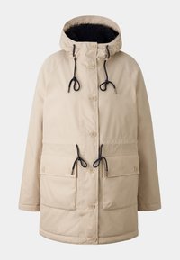Parka beige avec capuche, doublure en polaire noire, cordons noirs, boutons-pression et deux poches avant.