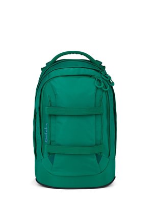 Green backpack with multiple zippered compartments, dual horizontal straps on front, and a top handle for carrying.