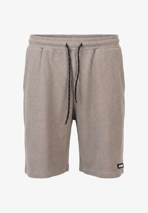 Shorts marron clair à texture gaufrée, avec cordon noir et poches latérales, longueur mi-cuisse, style décontracté.