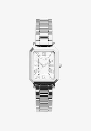 Reloj de pulsera Timex rectangular plateado con números romanos, correa de eslabones de acero inoxidable y tres manecillas que indican las 10:10:36.