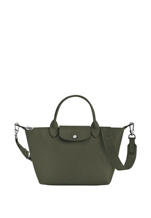 Olive green tote bag in durable material, featuring a rounded shape, short handles, a detachable shoulder strap, and a silver snap closure.