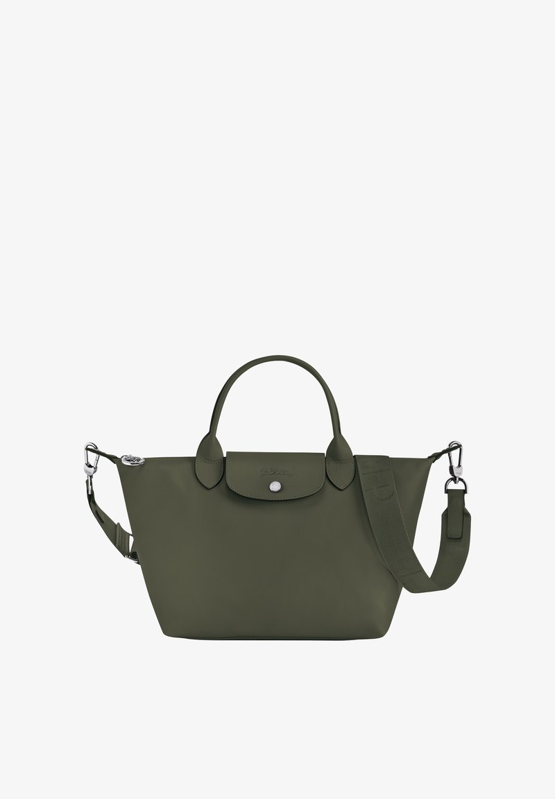 Olive green tote bag in durable material, featuring a rounded shape, short handles, a detachable shoulder strap, and a silver snap closure.