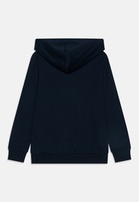 Felpa blu navy, stile pullover, in cotone, con cappuccio regolabile, maniche lunghe e polsini e orlo a costine.