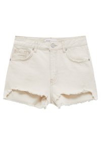 Beige farkkushortsit repsupitoilla, kahdella etutaskulla ja napitus. Sileä pinta hienovaraisilla ompeluyksityiskohdilla.