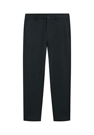 Pantalon noir pour homme, coupe ajustée, avec passants de ceinture, bouton sur le devant, fermeture éclair, et poches latérales, posé à plat sur un fond blanc.