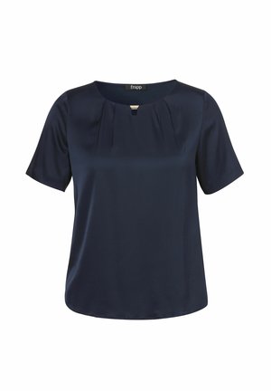 Marineblaue Bluse mit kurzen Ärmeln, rundem Ausschnitt, kleinem vorderseitigem Schlüsselloch-Ausschnitt und dezenten Falten unter dem Kragen.