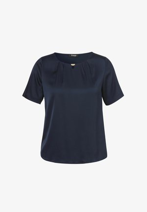 Navy blue short-sleeve blouse with round neckline, small front keyhole cutout, and subtle pleats below collar.