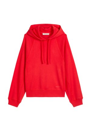 Sweat à capuche rouge en tissu doux, avec une capuche à cordon de serrage, des manches raglan et des poignets côtelés, agrémenté d'un ourlet subtilement marqué.