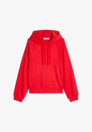 Sweat à capuche rouge en tissu doux, avec une capuche à cordon de serrage, des manches raglan et des poignets côtelés, agrémenté d'un ourlet subtilement marqué.