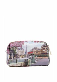 Borsa cosmetica realizzata in tessuto texturizzato, caratterizzata da una scena parigina, colori pastello, accenti floreali e chiusura con zip.