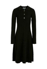 Abito lungo a maniche lunghe a coste nere con colletto e patta con tre bottoni, vita aderente e gonna svasata.