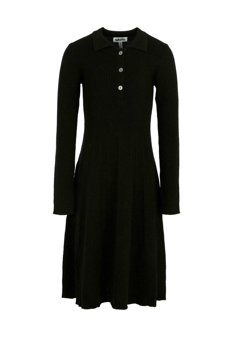 Abito lungo a maniche lunghe a coste nere con colletto e patta con tre bottoni, vita aderente e gonna svasata.
