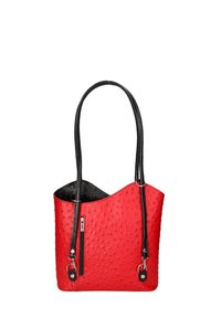 Rode textuur boodschappentas met een zwarte binnenkant en zwarte hengsels. Beschikt over een ritsvak aan de zijkant, zachte stof met verhoogde bulten.