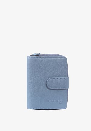 Light blue leather wallet with a textured finish, zip closure at the top, and a flap with snap button. Features embossed branding detail.