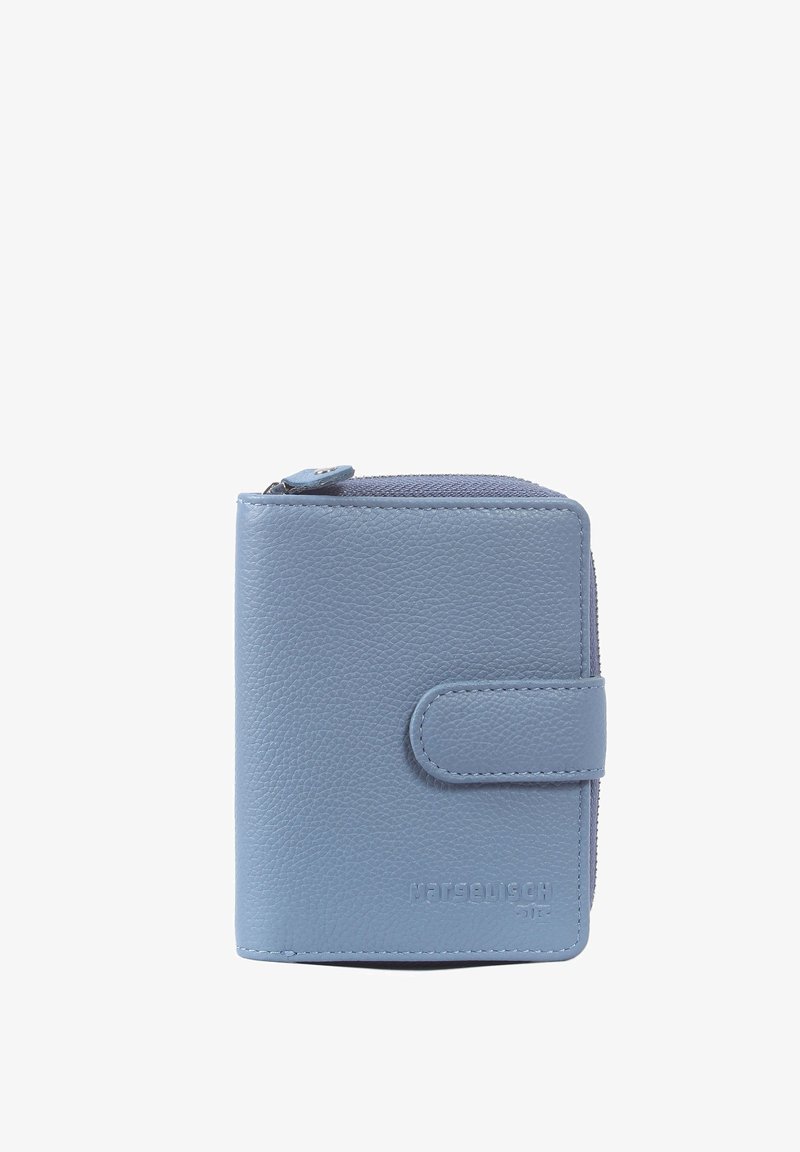 Light blue leather wallet with a textured finish, zip closure at the top, and a flap with snap button. Features embossed branding detail.