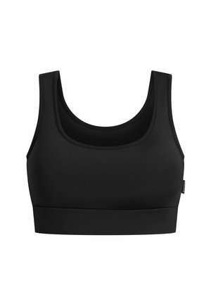 Zwarte naadloze sportbeha met brede schouderbanden en een ronde halslijn, ontworpen voor gemiddelde ondersteuning en comfort.