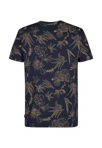 Donkerblauw T-shirt met korte mouwen en gouden bloemen- en vogelmotieven in lijnpatroon. Gemaakt van zachte stof, met een ronde hals en een rechte zoom.