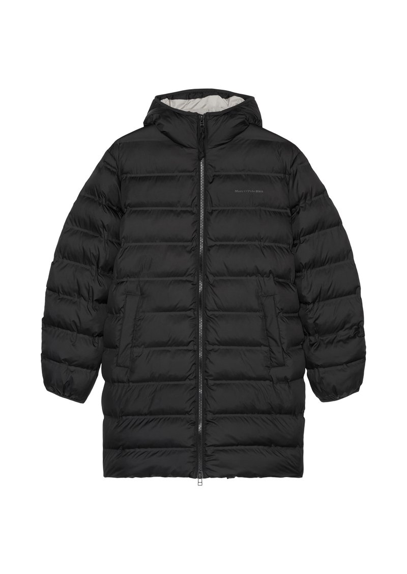 Schwarze Daunenjacke mit Kapuze, Reißverschluss vorne, seitlichen Taschen und gestepptem Muster. Leichter Stoff mit glattem Innenfutter.