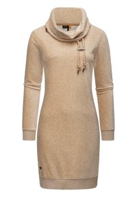 Beige cowl-neck sweater dress in soft, textured fabric with long sleeves. Features adjustable drawstring and ribbed cuffs and hem.