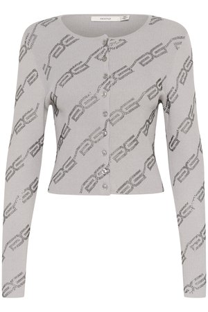 Gray ribbed cardigan with long sleeves, featuring a repeating pattern of dark gray designs and shiny button closures along the front.