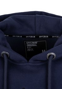 Navy blue hoodie with drawstring, featuring a soft texture, metal accents on eyelets, and a label showing brand and size details.