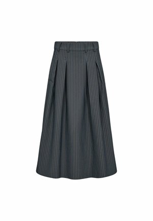 Jupe mi-longue plissée gris foncé avec fines rayures verticales bleues et passants de ceinture à la taille.