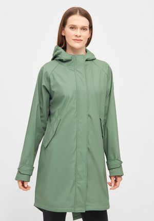 Green waterproof coat with a hood, long sleeves, side pockets, and a straight cut. Features a smooth, matte texture and subtle seam details.