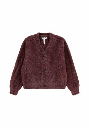 Cardigan en peluche bordeaux foncé à boutons, manches longues et col en V, marque Molo.