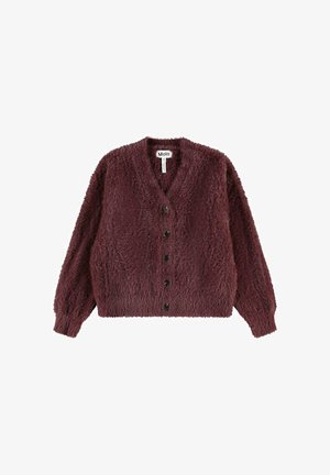 Cardigan en peluche bordeaux foncé à boutons, manches longues et col en V, marque Molo.