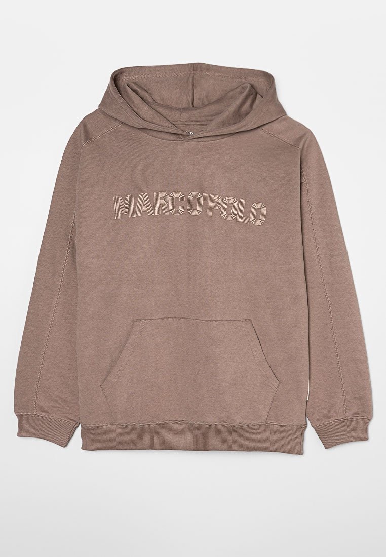 Brauner Kapuzenpullover mit einer Fronttasche und dem Logo "MARC O'POLO" in heller Stickerei. Hergestellt aus weich dem Stoff mit gerippten Bündchen und Saum.