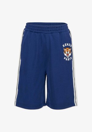 Shorts blu navy realizzati in tessuto morbido, con elastico in vita, strisce laterali bianche e grafica di una tigre con il testo "KENZO PARIS".