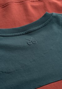 Katoenen sweatshirt met een contrasterend teal en roestkleurig palet, ribbelkraag en subtiele schaarborduursel op het teal gedeelte.