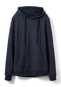 Sudadera azul marino con un patrón texturizado, cordones, bolsillo tipo canguro y puños y dobladillo acanalados. Tejido suave y ligero.