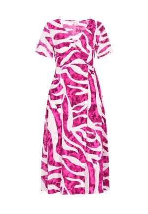Rochie midi cu mâneci scurte, cu dungi abstracte în roz și alb de zebra și decolteu în V cu aspect înfășurat.
