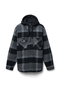 Czarna i szara flanelowa koszula z kapturem. Posiada wzór w krate, podwójne kieszenie na piersi, zapięcie na guziki z przodu oraz długie rękawy.