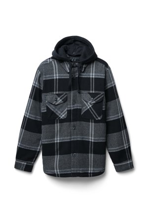 Camicia in flanella nera e grigia con cappuccio. Presenta un motivo a quadri, doppie tasche sul petto, chiusura anteriore a bottoni e maniche lunghe.
