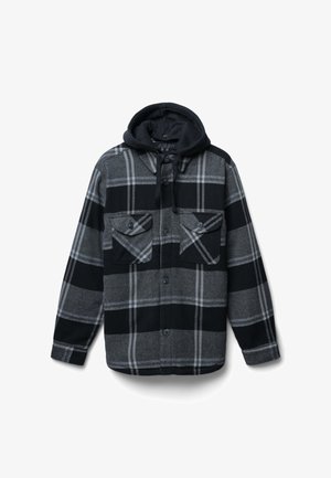 Camicia in flanella nera e grigia con cappuccio. Presenta un motivo a quadri, doppie tasche sul petto, chiusura anteriore a bottoni e maniche lunghe.