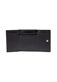 Black leather wallet with multiple card slots, a flat compartment, and a snap closure. Smooth texture with neat stitching detailing.