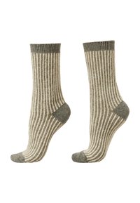Knit socks with a ribbed design in light beige and olive green. Features reinforced heels and toes. Soft texture, mid-calf length.