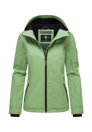 Jasnozielona kurtka na zewnątrz z zamkiem z przodu, kapturem, bocznymi kieszeniami i czarnym podbiciem. Posiada haftowane logo oraz kontrastowe elementy metalowe.