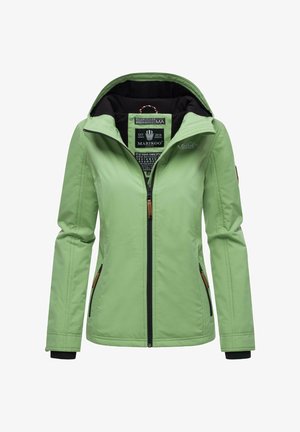 Light green outdoor jacket with a zip front, hood, side pockets, and black lining. Features embroidered branding and contrasting hardware.